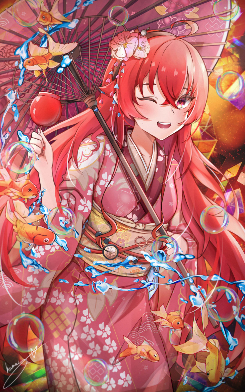 1girl absurdres ahoge bangs blush breasts commentary eris_greyrat fish flower goldfish hair_between_eyes hair_flower hair_ornament highres holding holding_umbrella humany japanese_clothes kimono long_hair long_sleeves looking_at_viewer mushoku_tensei one_eye_closed open_mouth red_eyes red_hair solo umbrella very_long_hair wide_sleeves