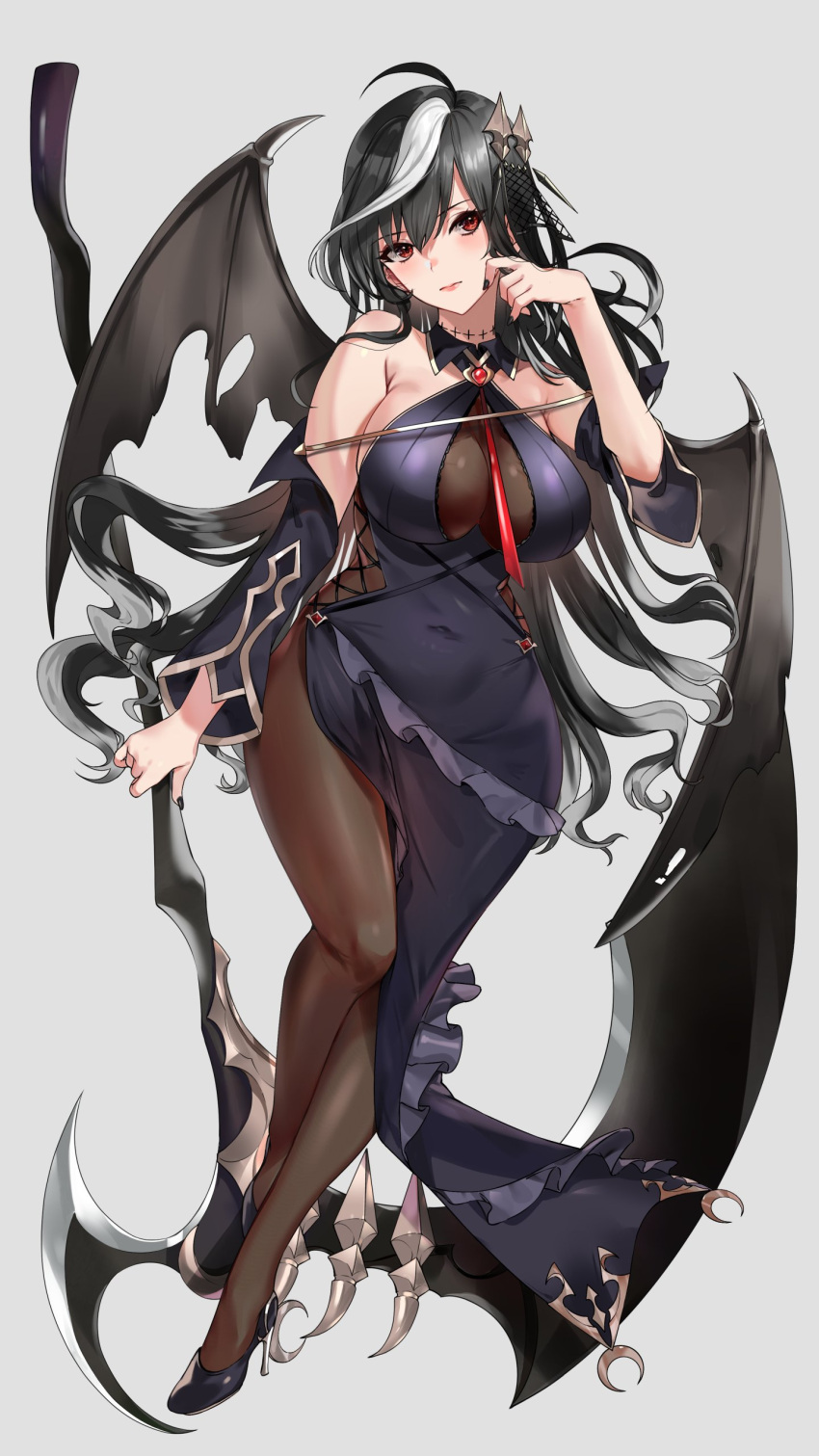 1girl absurdres ahoge alracoco arm_at_side bangs bat_wings black_hair bodystocking breasts character_request collared_dress dress floating grey_background hair_between_eyes hair_ornament halter_dress halterneck hand_up high_heels highres holding holding_scythe holding_weapon large_breasts long_hair looking_at_viewer multicolored_hair official_art red_eyes rise_of_girls scythe see-through shoes simple_background solo streaked_hair weapon white_hair wings
