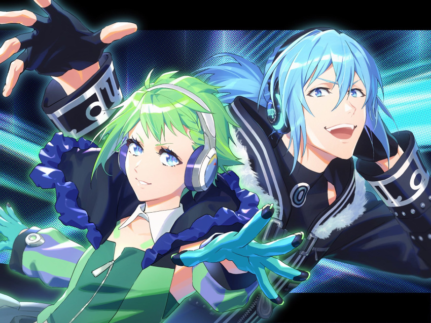 1boy 1girl black_gloves black_jacket blue_eyes blue_hair crossover detached_sleeves english_commentary fingerless_gloves gloves green_gloves green_hair headphones highres hood hooded_jacket idolish_7 jacket macross macross_delta mixed-language_commentary mosako open_hand parted_lips ponytail reina_prowler short_hair smile v-shaped_eyebrows yotsuba_tamaki