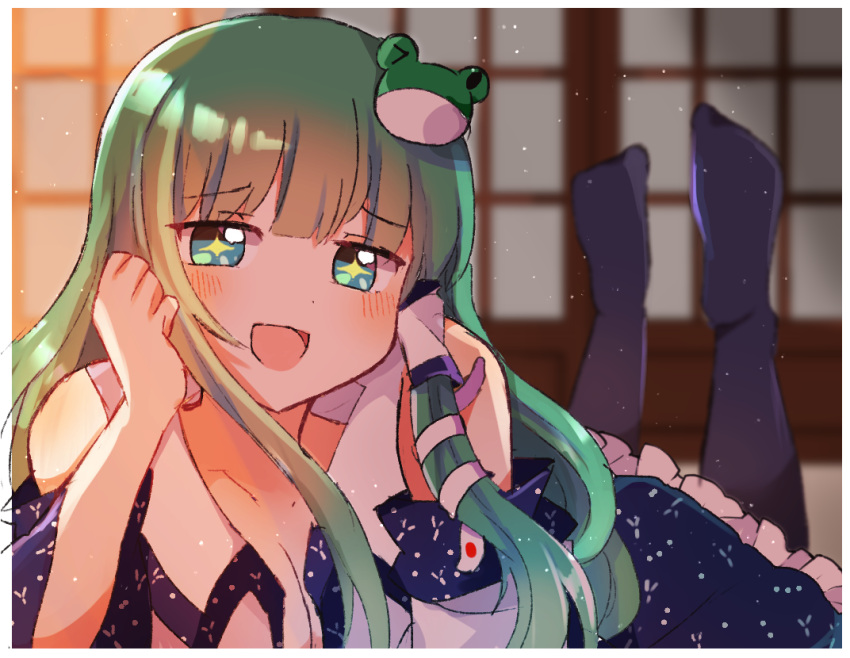 +_+ 1girl bangs black_legwear blue_skirt blunt_bangs blurry blurry_background blush breasts cleavage collarbone commentary_request detached_sleeves eyebrows_visible_through_hair frilled_skirt frills frog_hair_ornament green_hair hair_ornament hair_tubes hand_on_own_face indoors kochiya_sanae long_hair looking_at_viewer medium_breasts open_mouth shirt skirt sleeveless sleeveless_shirt sliding_doors snake_hair_ornament solo symbol-shaped_pupils touhou white_shirt zeroko-san_(nuclear_f)