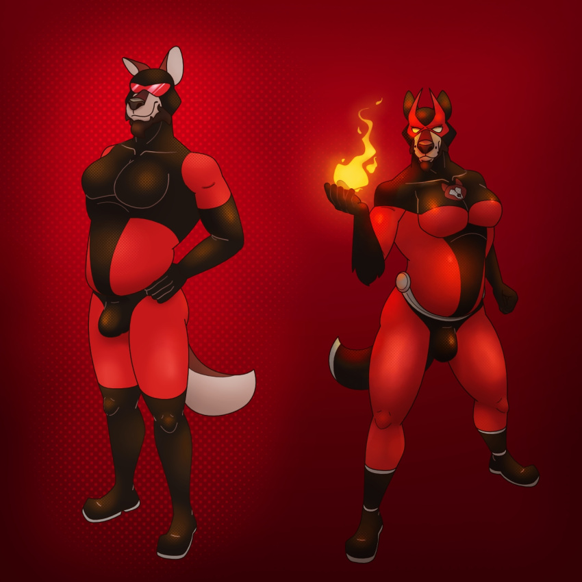 anthro bulge canid canine canis clothing fire hi_res male mammal olive_(olivepup_00) olivepup_00 powers slightly_chubby solo suit superhero tight_clothing wolf