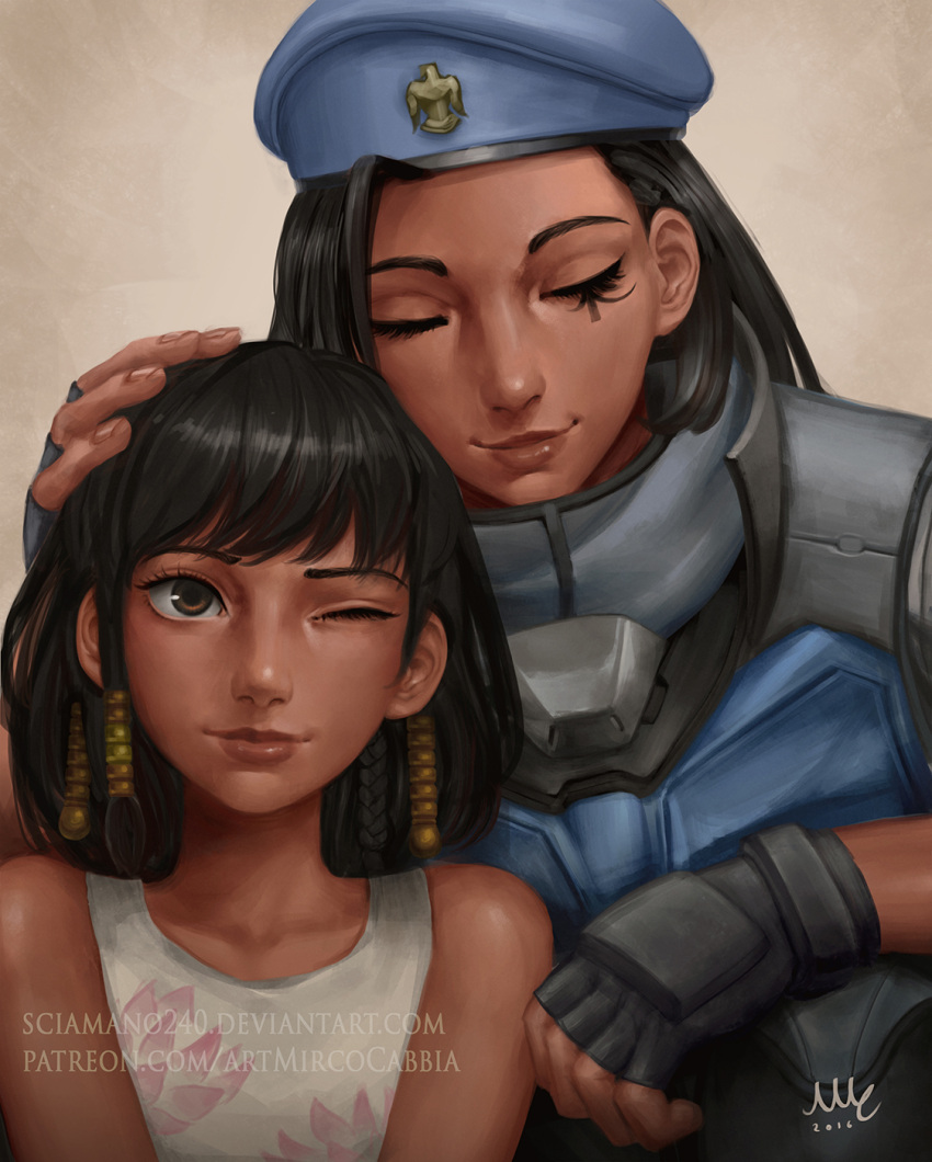 2girls alternate_hairstyle ana_(overwatch) armor artist_name bangs bare_shoulders beret black_gloves black_hair blue_coat blue_headwear braid brown_background brown_eyes captain_amari child closed_eyes coat collarbone commentary dark-skinned_female dark_skin dated deviantart_username english_commentary eye_of_horus eyebrows eyelashes facial_mark facial_tattoo fingerless_gloves fingernails gloves hair_ornament hair_tubes hand_on_another's_head hat headpat high_collar highres italian_commentary jacket lips long_sleeves medium_hair military military_uniform mixed-language_commentary mother_and_daughter multiple_girls nose official_alternate_costume overwatch patreon_username pharah_(overwatch) realistic reward_available sciamano240 side_braids signature sleeveless smile swept_bangs tattoo uniform upper_body watermark web_address younger