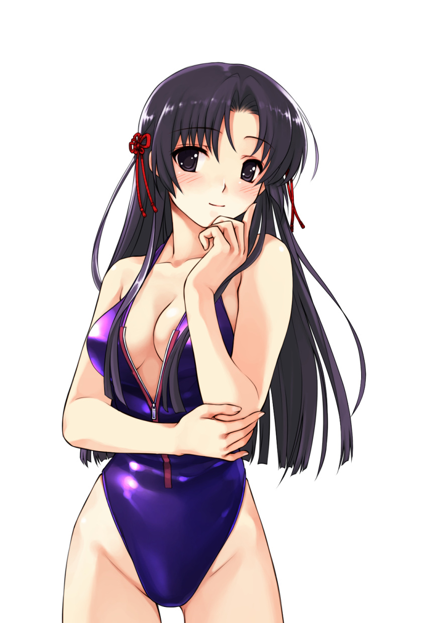 1girl bangs black_eyes black_hair breasts cleavage closed_mouth collarbone cowboy_shot eyebrows_visible_through_hair game_cg hair_between_eyes hair_intakes hair_ribbon highleg highleg_swimsuit highres koga_sayoko long_hair looking_at_viewer medium_breasts misaki_kurehito partially_unzipped purple_swimsuit red_ribbon ribbon shiny shiny_hair smile smile_cubic! solo standing straight_hair swimsuit tachi-e thigh_gap transparent_background very_long_hair