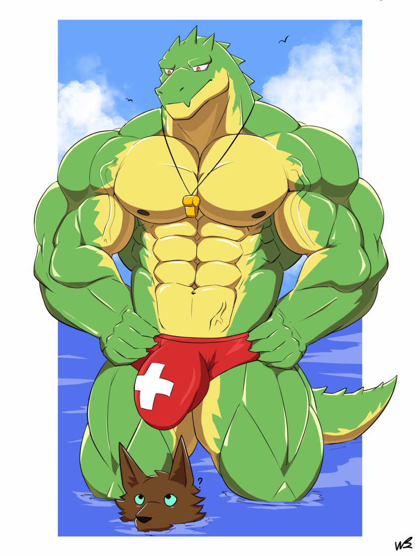 2022 abs anatake anthro anubian_jackal barazoku biceps big_bulge big_muscles blush border brother brothers bulge canid canine canis clothing cloud crocodile crocodilian crocodylid day duo fur hands_on_hips hi_res huge_bulge huge_muscles jackal league_of_legends lifeguard looking_at_bulge male mammal muscular muscular_anthro muscular_male nasus_(lol) navel nipples non-mammal_nipples obliques outside partially_submerged pecs quads question_mark renekton reptile riot_games scales scalie sibling sky speedo standing swimwear tuft vein video_games water whistle white_border