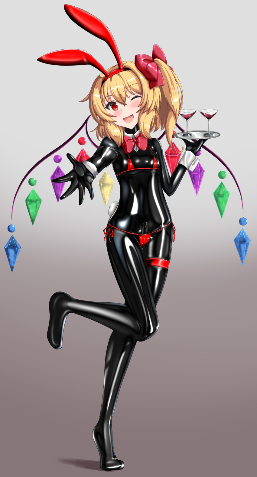 ;d absurdres bikini black_bodysuit blonde_hair blush bodysuit bow bowtie breasts cocktail_glass commentary_request cup drinking_glass eyebrows_visible_through_hair fang flandre_scarlet full_body gradient gradient_background grey_background hair_between_eyes hair_bow head_tilt highres holding holding_saucer latex latex_bodysuit leg_up medium_hair micro_bikini one_eye_closed open_mouth outstretched_hand playboy_bunny red_bow red_bowtie red_eyes saucer shiny shiny_clothes shiny_hair side_ponytail simple_background skin_fang skin_tight small_breasts smile standing standing_on_one_leg swimsuit tera_hiroshi touhou wings