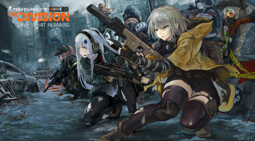 6+girls absurdres agent_416_(girls'_frontline) agent_vector_(girls'_frontline) assault_rifle baseball_cap commentary_request crossover english_text gas_mask girls'_frontline gun h&amp;k_hk416 hat highres hk416_(fang)_(girls'_frontline) hk416_(girls'_frontline) kriss_vector last_man_battalion mask multiple_girls respirator rifle riot_shield sawkm shield shotgun st_ar-15_(girls'_frontline) submachine_gun tactical_clothes tom_clancy's_the_division torn_clothes torn_legwear tube vector_(girls'_frontline) vector_(hellfire)_(girls'_frontline) weapon