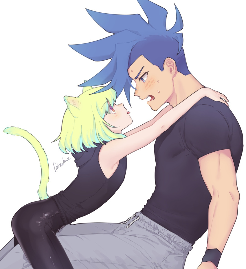 2boys androgynous animal_ears black_shirt blue_eyes blue_hair blush cat_boy cat_ears cat_tail eyebrows_visible_through_hair galo_thymos green_hair grey_legwear highres hood hood_down kome_1022 lio_fotia looking_at_another male_focus mohawk multiple_boys on_lap open_mouth pants profile promare purple_eyes shirt short_hair sidecut simple_background size_difference sweatdrop sweatpants tail tongue tongue_out white_background yaoi