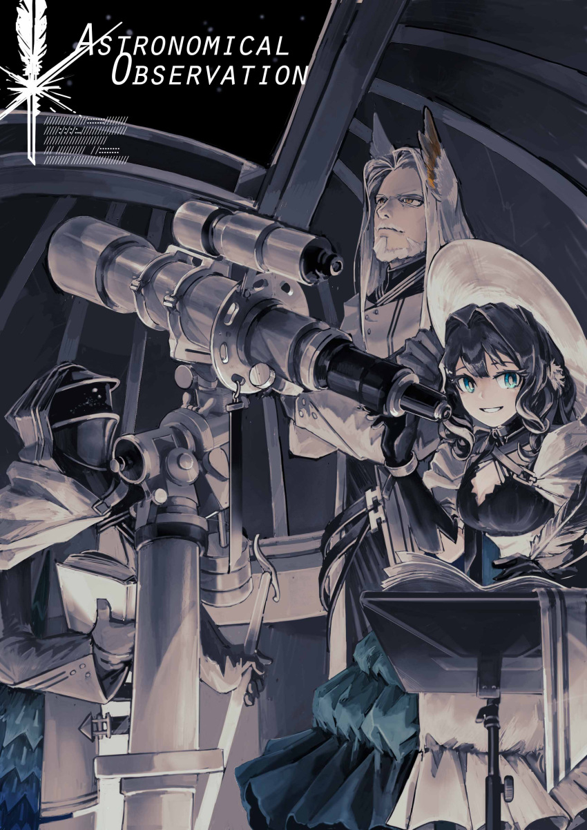1boy 1girl 1other absurdres arknights astesia_(arknights) astesia_(starseeker)_(arknights) astronomy beard blue_dress blue_eyes blue_gloves blue_hair blue_theme book breasts bright_pupils cleavage crossed_arms doctor_(arknights) dress facial_hair gloves hellagur_(arknights) highres holding holding_book holding_staff layered_dress light_smile looking_at_viewer looking_up oaza open_book staff table telescope white_dress white_hair white_pupils wide_brim yellow_eyes
