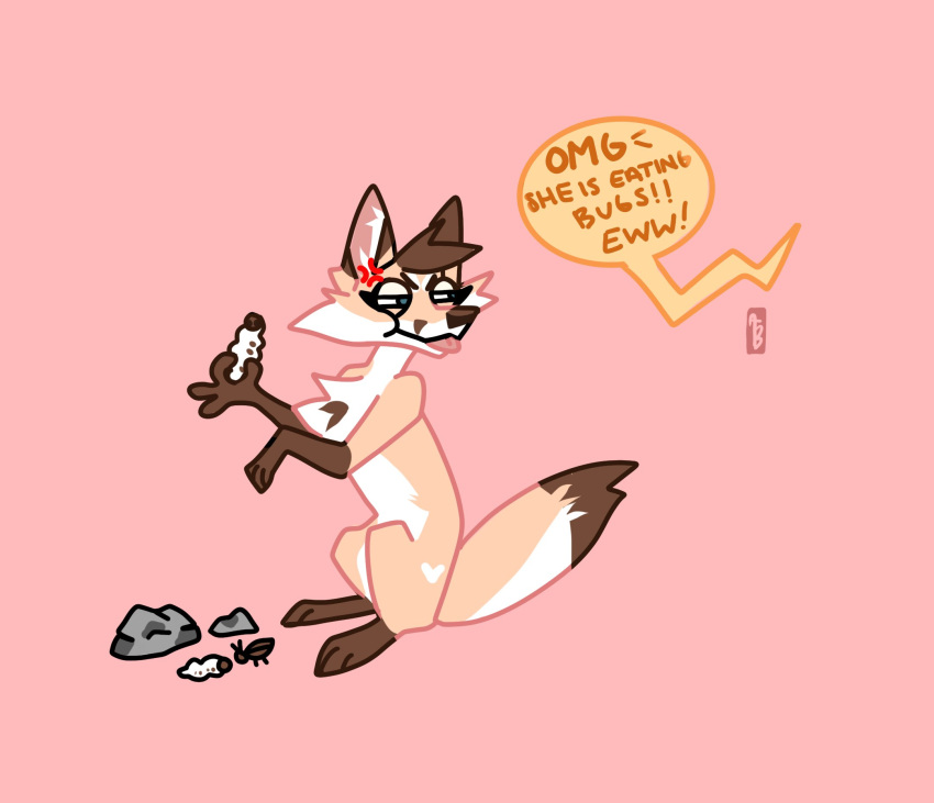 anthro arthropod aurora_bloom_(artist) blep canid canine cross-popping_vein dialogue dipstick_tail english_text female fox fur hi_res inner_ear_fluff insect larva mammal markings pink_background rock semi-anthro simple_background sitting solo speech_bubble tail_markings tan_body tan_fur text tongue tongue_out tuft
