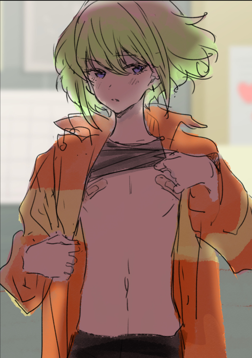 1boy absurdres androgynous bandaid bandaids_on_nipples black_shirt clothes_lift eyebrows_visible_through_hair firefighter_jacket green_hair highres jacket lio_fotia looking_at_viewer male_focus multicolored_clothes multicolored_jacket navel otoko_no_ko pasties promare purple_eyes rice_(rice8p) shirt shirt_lift short_hair sidelocks sketch two-tone_jacket