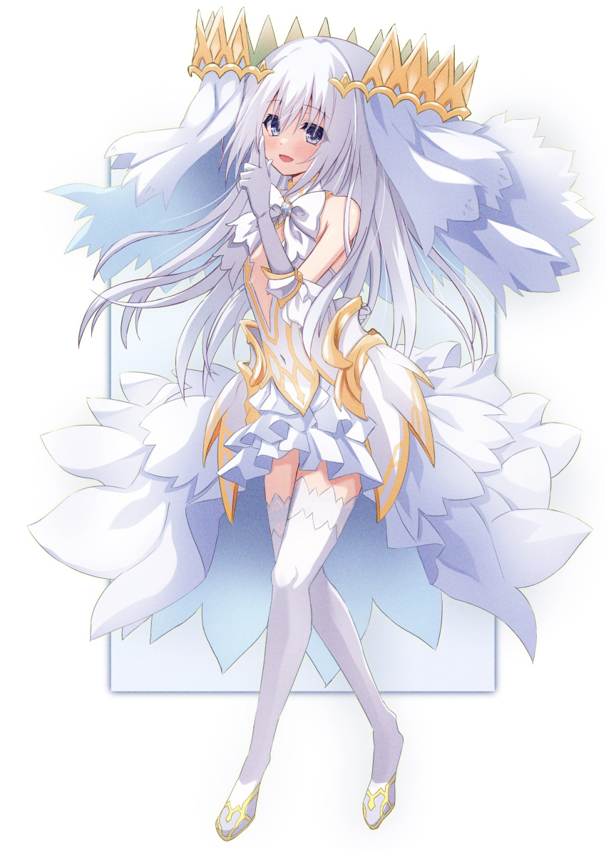 1girl :d absurdres arm_behind_back artina bare_shoulders blue_eyes blush bow bowtie center_opening commentary_request covered_navel crossed_legs crown date_a_live dress elbow_gloves finger_gun full_body gloves hand_up happy highres layered_dress long_hair looking_at_viewer silver_hair skin_tight sleeveless sleeveless_dress smile solo thighhighs thumb_to_mouth tobiichi_origami veil very_long_hair white_bow white_bowtie white_dress white_gloves white_legwear