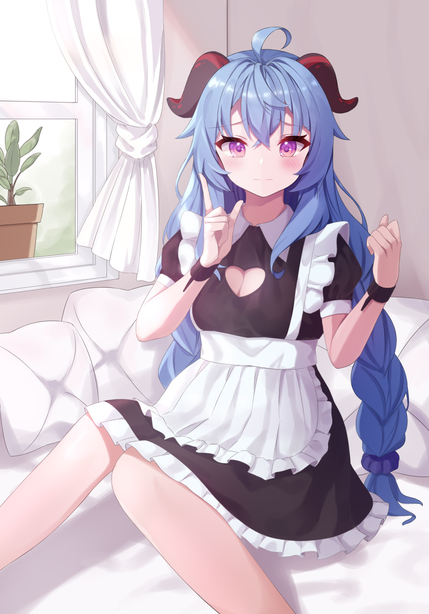 1girl absurdres ahoge alternate_hairstyle bangs bed blue_hair blush breasts cleavage cleavage_cutout clothing_cutout embarrassed eyebrows_visible_through_hair ganyu_(genshin_impact) genshin_impact highres horns indoors knees_together_feet_apart long_hair looking_at_viewer maid medium_breasts pillow purple_eyes puto_(put_to_) sidelocks sitting solo window