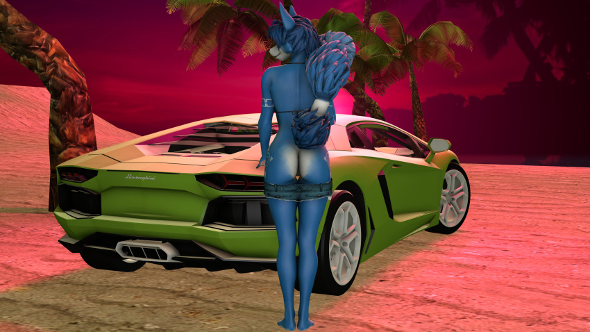 2018 3d_(artwork) absurd_res accessory anthro asenak_(artist) blue_body blue_ears blue_fur blue_hair blue_tail bottomwear bra butt canid canine car clothed clothing digital_media_(artwork) female fox fur furgonomics genitals hair handpaw hi_res krystal lamborghini mammal markings mostly_nude multicolored_body multicolored_fur nintendo palm_tree partially_clothed pawpads paws plant pussy raised_tail sand seductive shorts shorts_down smile solo star_fox tail_accessory tailband tattoo teeth tree tribal tribal_markings tribal_tattoo underwear vehicle video_games white_body white_fur