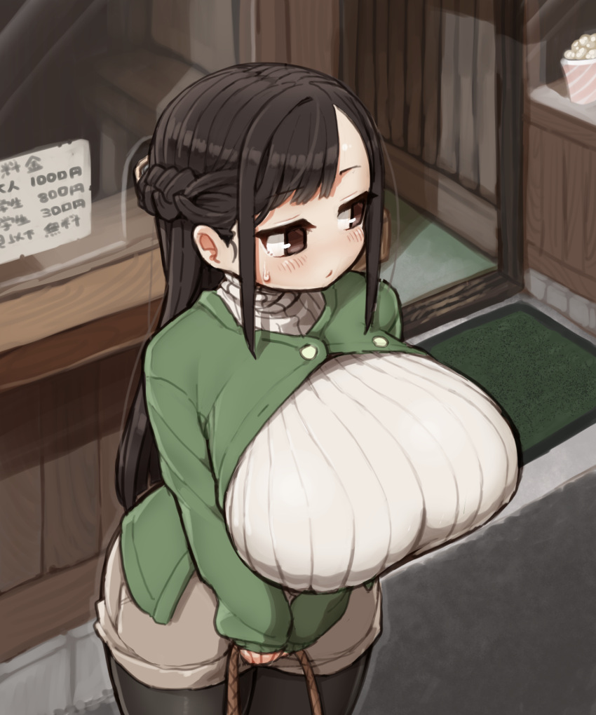 1girl bag bangs black_pants braid breasts brown_eyes brown_hair brown_shorts cleavage_cutout closed_mouth clothing_cutout commentary_request food green_jacket highres holding holding_bag ichika_(ichika_manga) indoors jacket large_breasts original pants popcorn shorts standing sweat sweater turtleneck turtleneck_sweater white_sweater