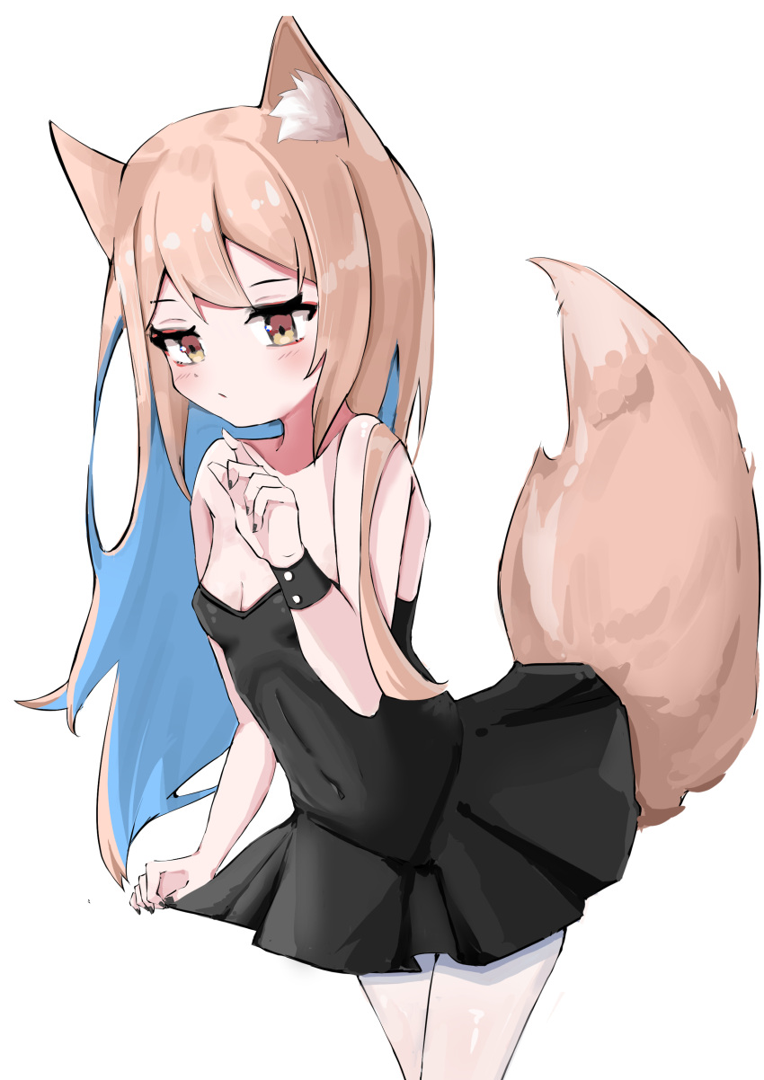 1girl absurdres animal_ear_fluff animal_ears bare_shoulders black_dress breasts brown_eyes brown_hair cleavage covered_navel dress finger_to_mouth fox_ears fox_girl fox_tail highres hua_(yijing) long_hair original pantyhose short_dress simple_background small_breasts solo strapless strapless_dress tail white_background white_legwear wrist_cuffs