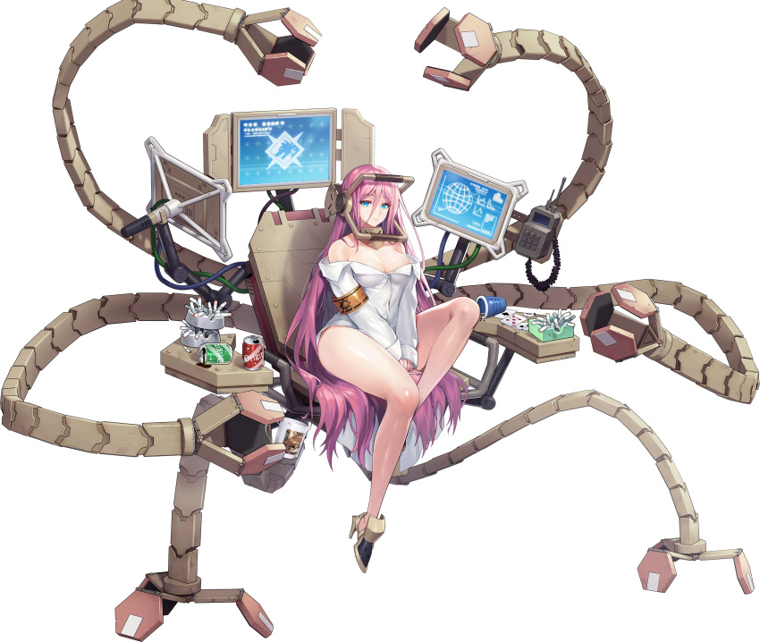 1girl ashtray blue_eyes breasts can card cigarette_butt cleavage cup full_body hair_between_eyes high_heels highres khan_the_swift last_origin long_hair looking_at_viewer luvents3 mechanical_tentacles medium_breasts monitor mug multiple_monitors naked_shirt official_art pink_hair playing_card power_suit scarabya_(last_origin) shirt sitting soda_can solo tachi-e transparent_background very_long_hair white_shirt
