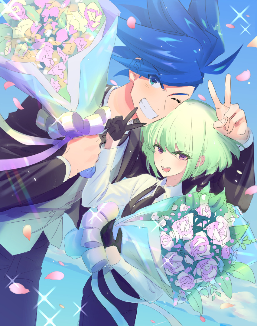 2boys androgynous black_gloves blue_eyes blue_hair bouquet dutch_angle galo_thymos gloves green_hair highres holding holding_bouquet lio_fotia male_focus mohawk multiple_boys one_eye_closed open_mouth petals promare rice_(rice8p) shirt short_hair sidecut sparkle white_shirt yaoi