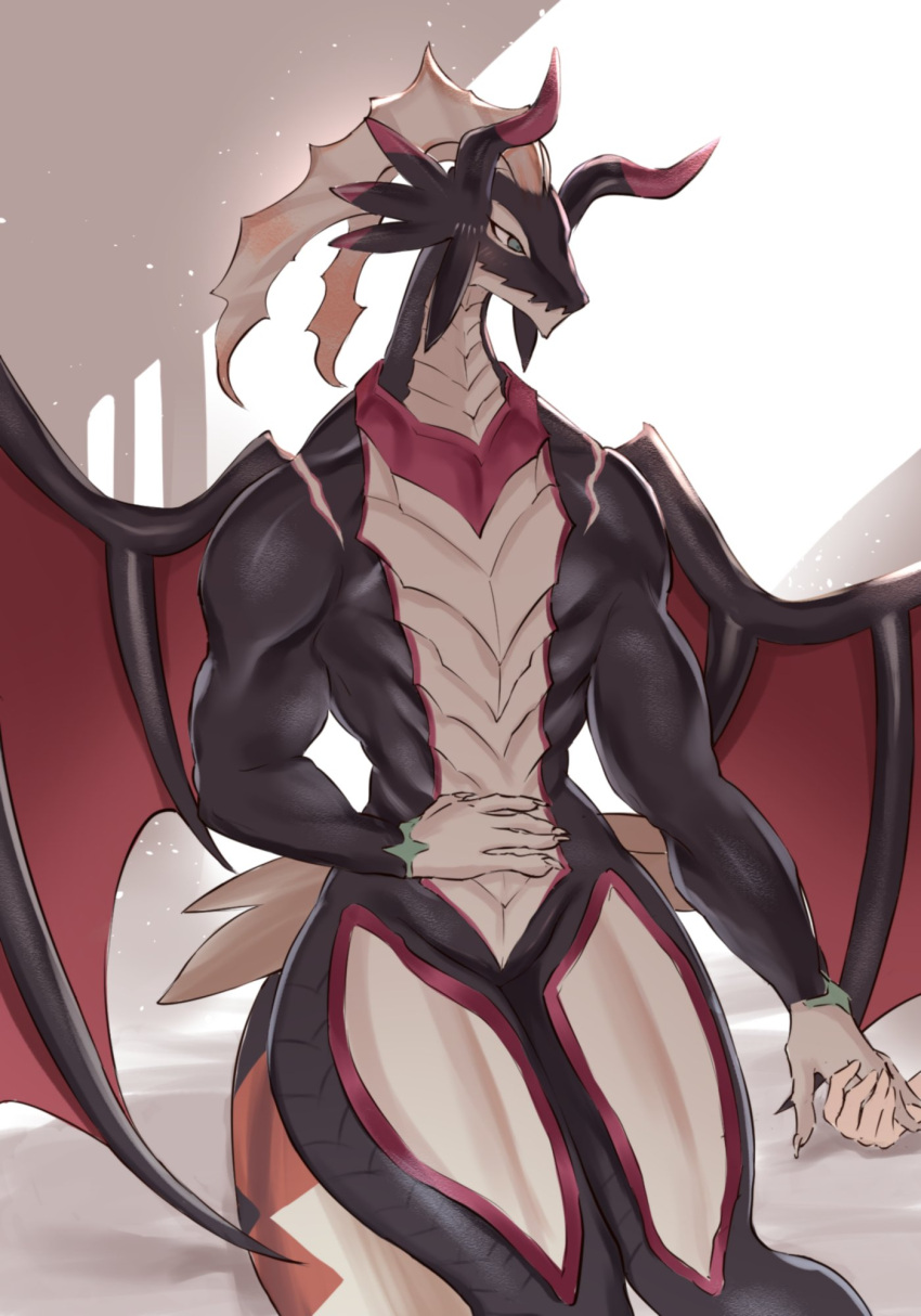 abstract_background blush claws disembodied_hand dragon dragonmaid_strahl duel_monster female hand_holding hi_res horn humanoid_hands kemono konami membrane_(anatomy) membranous_wings muscular muscular_female passionpit777 sitting solo wings yu-gi-oh