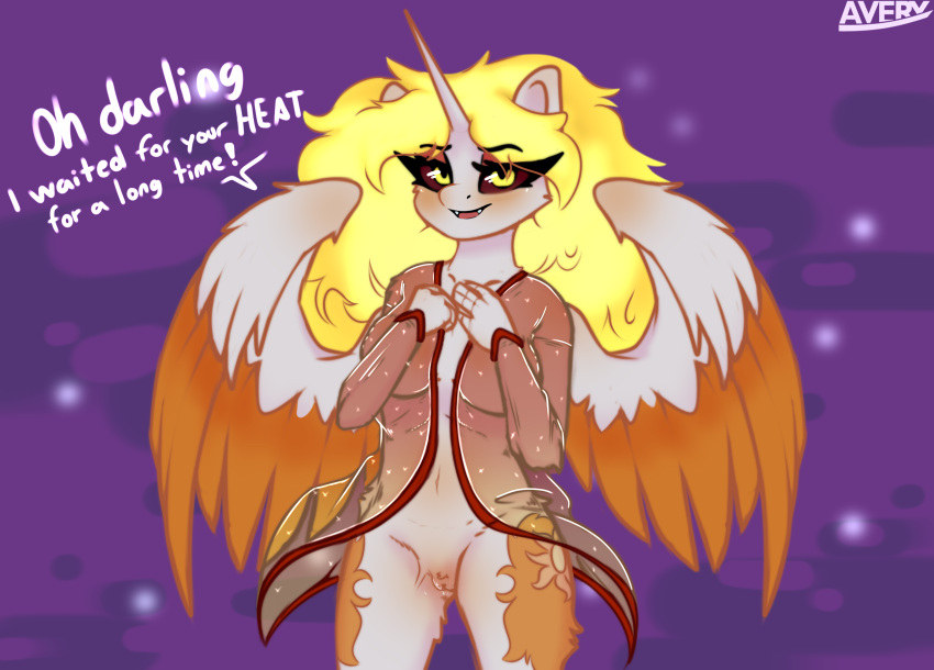 absurd_res anthro anthrofied avery-valentine blonde_hair blush body_blush clothing daybreaker_(mlp) equid equine eyelashes fangs feathered_wings feathers friendship_is_magic genitals hair half-closed_eyes hasbro hi_res horn looking_at_viewer mammal my_little_pony narrowed_eyes navel open_mouth open_smile orange_body orange_feathers pussy pussy_blush red_sclera smile text white_body white_feathers winged_unicorn wings yellow_eyes