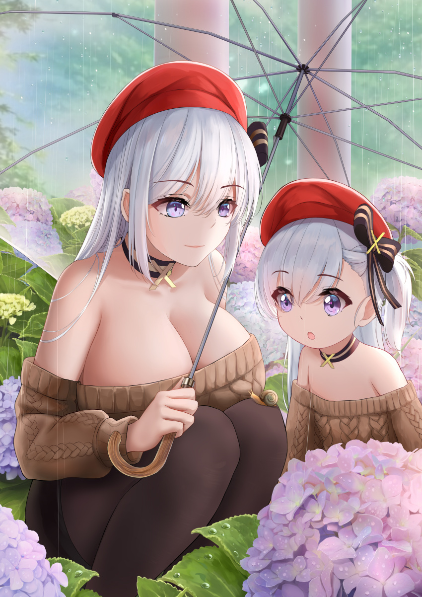 2girls absurdres azur_lane bare_shoulders belfast_(azur_lane) belfast_(azur_lane)_(cosplay) belfast_(shopping_with_the_head_maid)_(azur_lane) blue_eyes breasts choker cleavage cosplay eyebrows_visible_through_hair flower hat highres hydrangea large_breasts little_bel_(azur_lane) multiple_girls off-shoulder_sweater off_shoulder official_alternate_costume pantyhose rain shigatsu_(4gate) silver_hair skirt snail squatting sweater umbrella