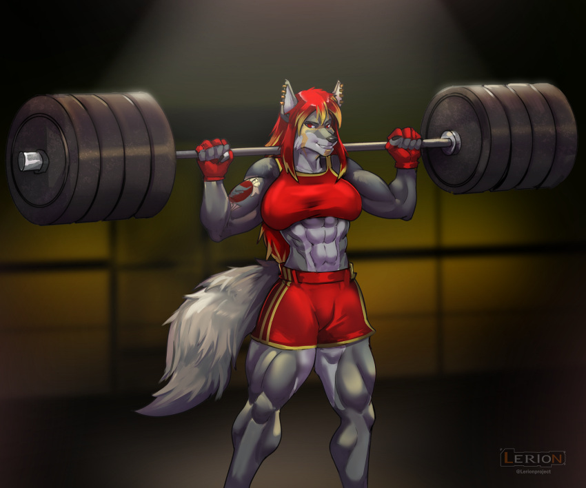 2022 5_fingers abs anthro arm_tattoo athletic athletic_anthro athletic_female barbell biceps big_muscles black_nose blinkblinkblink blonde_highlights bottomwear bra breasts canid canine canis claws clothed clothing ear_piercing exercise female fingerless_gloves fingers fur gloves grey_body grey_fur grin hair handwear hi_res highlights_(coloring) humanoid_hands lerionproject looking_at_viewer mammal muscular muscular_anthro muscular_female piercing red_eyes red_hair shorts signature smile solo sports_bra standing tattoo teeth underwear valkairis_sarikblod weightlifting weights wolf workout