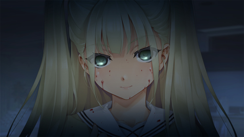 1girl bangs bishoujo_mangekyou blonde_hair blood blood_on_face closed_mouth collarbone eyebrows_visible_through_hair game_cg green_eyes hair_between_eyes happoubi_jin indoors kannagi_yuuri long_hair looking_at_viewer portrait sailor_collar smile solo twintails white_sailor_collar