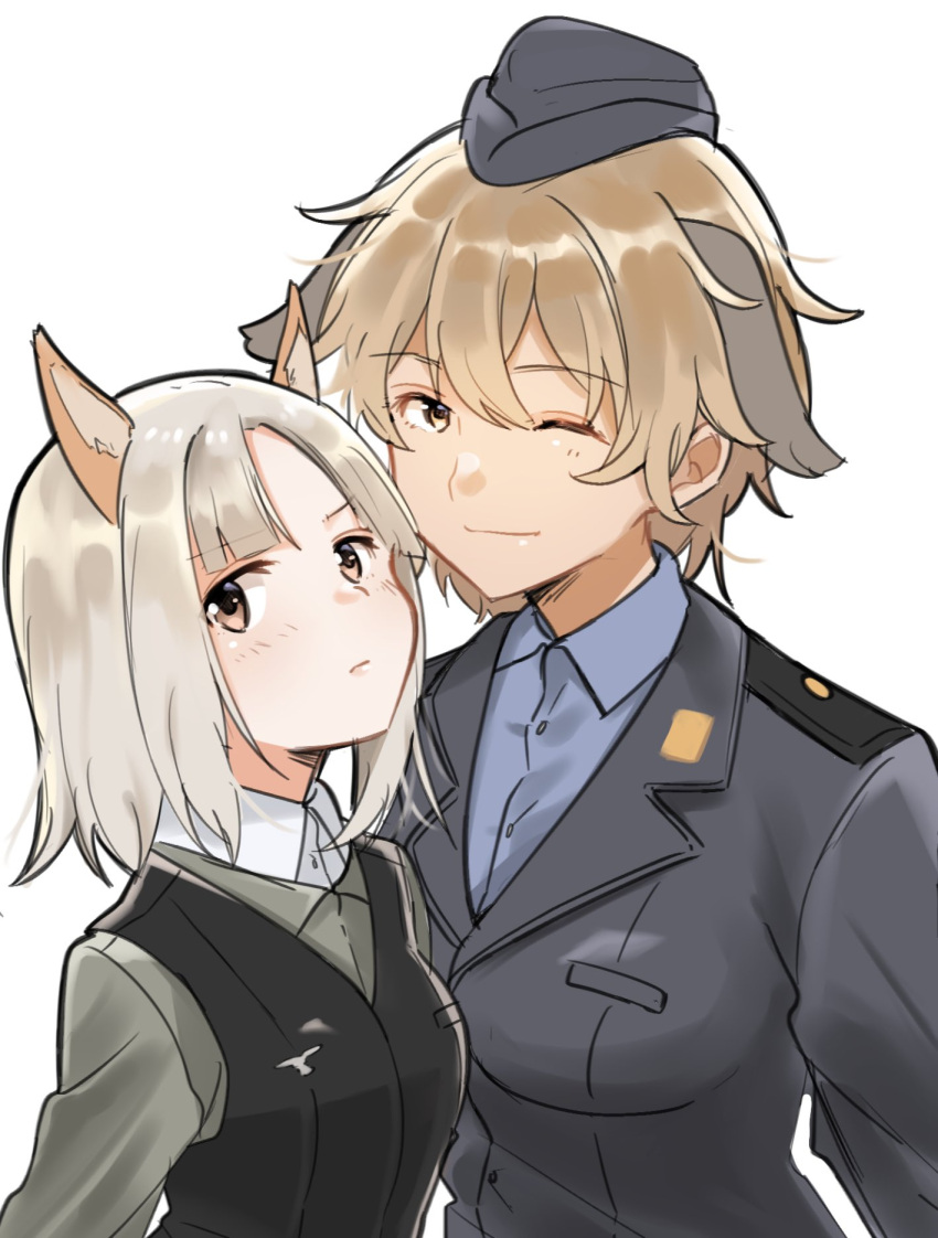 2girls animal_ears brave_witches brown_eyes brown_hair commentary_request dog_ears edytha_rossmann fox_ears garrison_cap hat highres military military_uniform multiple_girls okeke_power_nishiko short_hair silver_hair smile uniform waltrud_krupinski white_background world_witches_series yellow_eyes