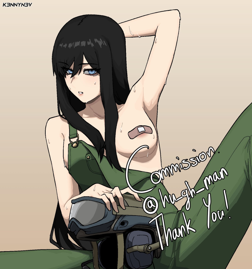 1girl arm_behind_head arm_up armpits artist_name bandaid bandaids_on_nipples bangs bare_shoulders black_hair blue_eyes breasts collarbone commentary commission english_commentary english_text eyebrows_visible_through_hair green_overalls hair_between_eyes helmet highres k3nnyn3v long_hair looking_at_viewer original overalls parted_lips pasties sidelocks simple_background sitting sleeveless solo sweat thank_you