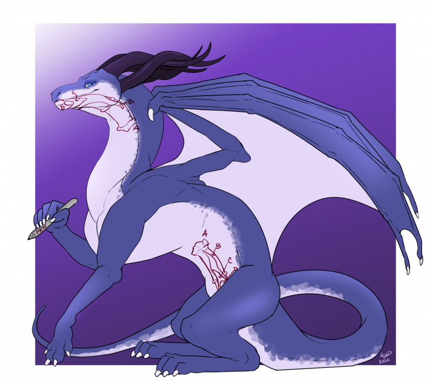 blue_eyes dragon female feral holding_object holding_pen horn kalinth membrane_(anatomy) membranous_wings pen rating_scale simple_background smug solo text wanderlustdragon wings