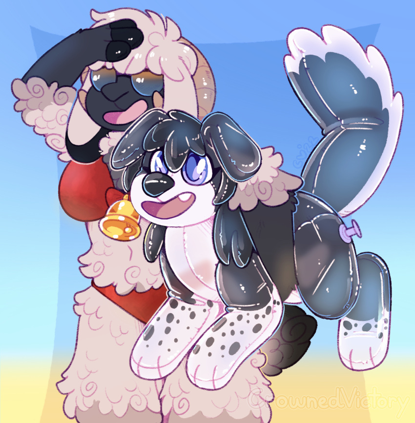 absurd_res ambiguous_gender anthro beach bovid canid canine canis caprine clothing collie crownedvictory domestic_dog duo eyewear female female/ambiguous female/female herding_dog hi_res mammal pastoral_dog pool_toy seaside sheep sheepdog simple_background smile sunglasses swimwear tagme