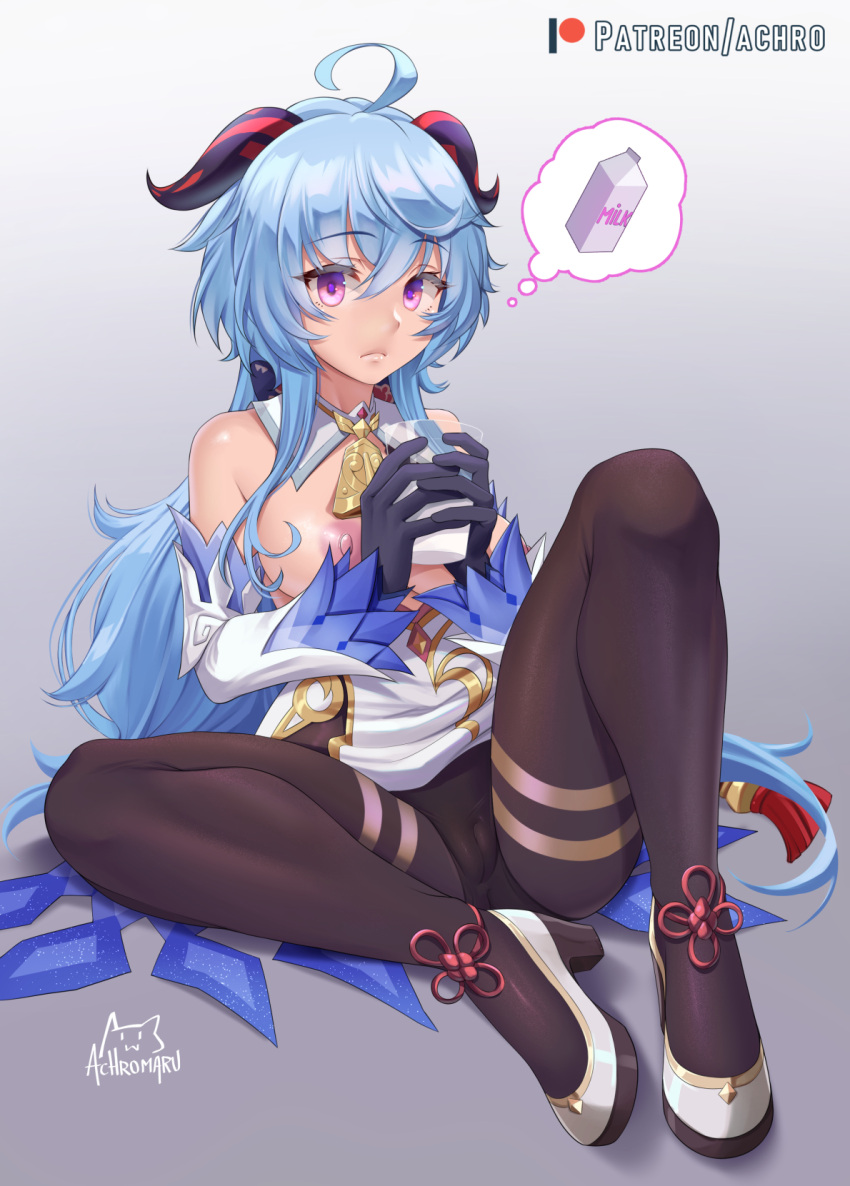 1girl achromaru ahoge artist_name bangs bell black_gloves black_legwear blue_hair breasts cameltoe detached_sleeves eyebrows_visible_through_hair ganyu_(genshin_impact) genshin_impact glass gloves gold_trim high_heels highres horns knee_up long_hair looking_at_viewer medium_breasts milk milk_carton neck_bell nipples pantyhose patreon_username purple_eyes reward_available sidelocks sitting solo tassel thighlet white_sleeves