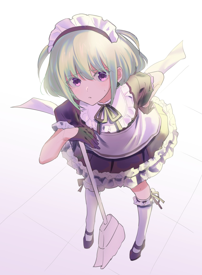 1boy androgynous black_gloves broom eyebrows_visible_through_hair from_above gloves green_hair highres holding holding_broom lio_fotia looking_at_viewer maid maid_headdress male_focus otoko_no_ko promare purple_eyes rice_(rice8p) short_hair sidelocks solo