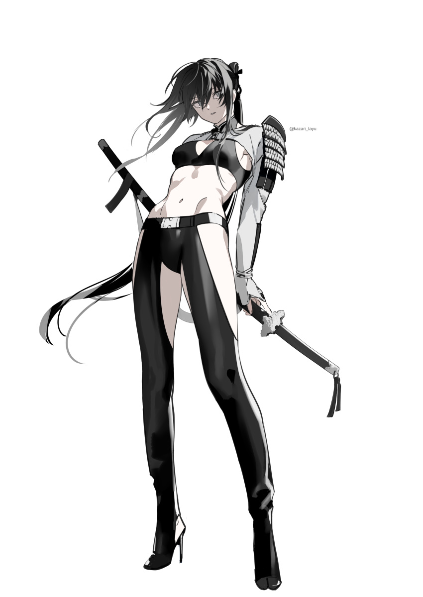 1girl absurdres armor artist_name bangs belt belt_buckle black_bra black_hair black_pants bra breasts buckle collar commentary full_body grey_eyes hair_between_eyes hair_ornament high_heels highres holding holding_sword holding_weapon japanese_armor katana kazari_tayu long_hair long_sleeves looking_at_viewer navel original pants parted_lips scabbard sheath sheathed shoulder_armor sidelocks simple_background solo standing stomach sword symbol-only_commentary twitter_username underwear weapon white_background