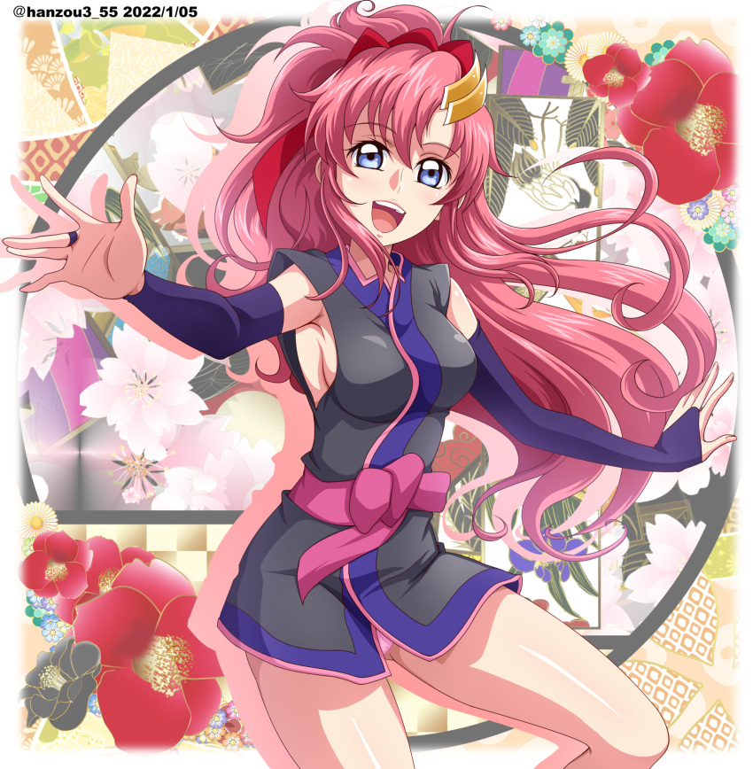 1girl 2022 :d armpits bangs bare_legs blue_eyes breasts bridal_gauntlets dated detached_sleeves floating_hair flower grey_kimono gundam gundam_seed hair_between_eyes hair_ornament hanzou highres japanese_clothes kimono kimono_skirt lacus_clyne long_hair long_sleeves looking_at_viewer medium_breasts no_bra open_mouth outstretched_arms panties pantyshot pink_hair pink_panties purple_sleeves red_flower shiny shiny_hair shiny_skin short_kimono sideboob sleeveless sleeveless_kimono smile solo twitter_username underwear very_long_hair