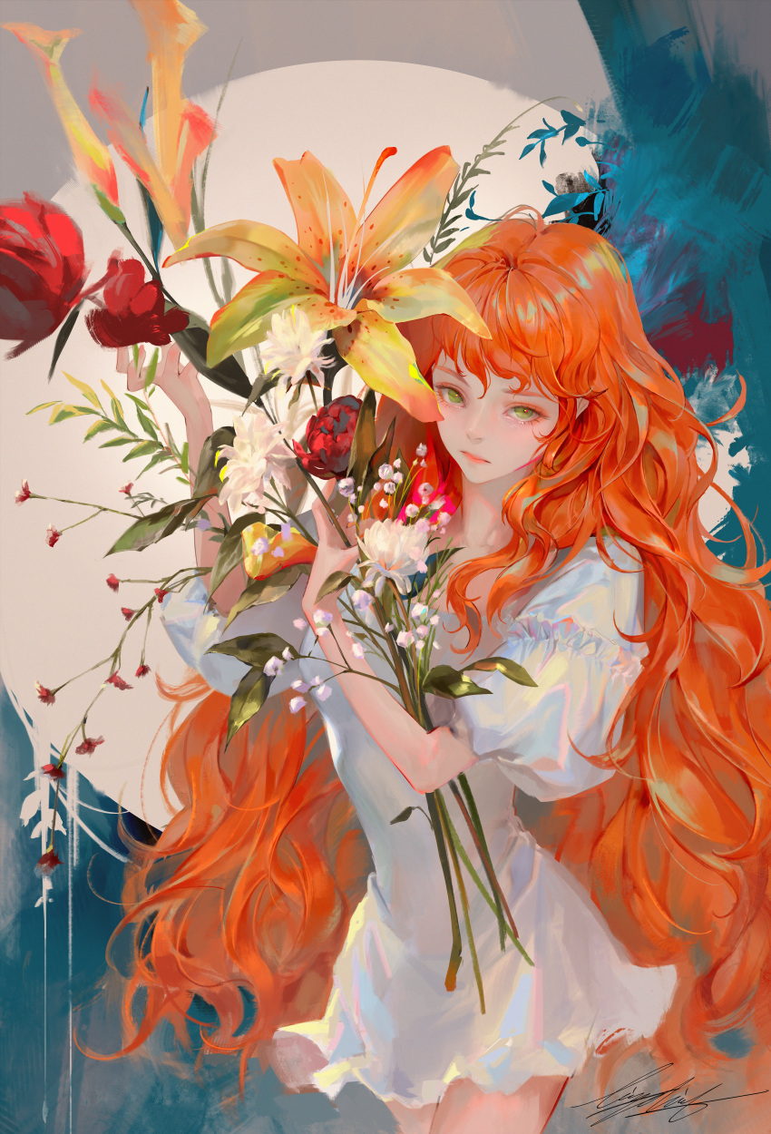 1girl absurdres dress flower green_eyes highres holding holding_flower lizchief long_hair looking_at_viewer orchid original red_hair signature skirt solo very_long_hair white_dress