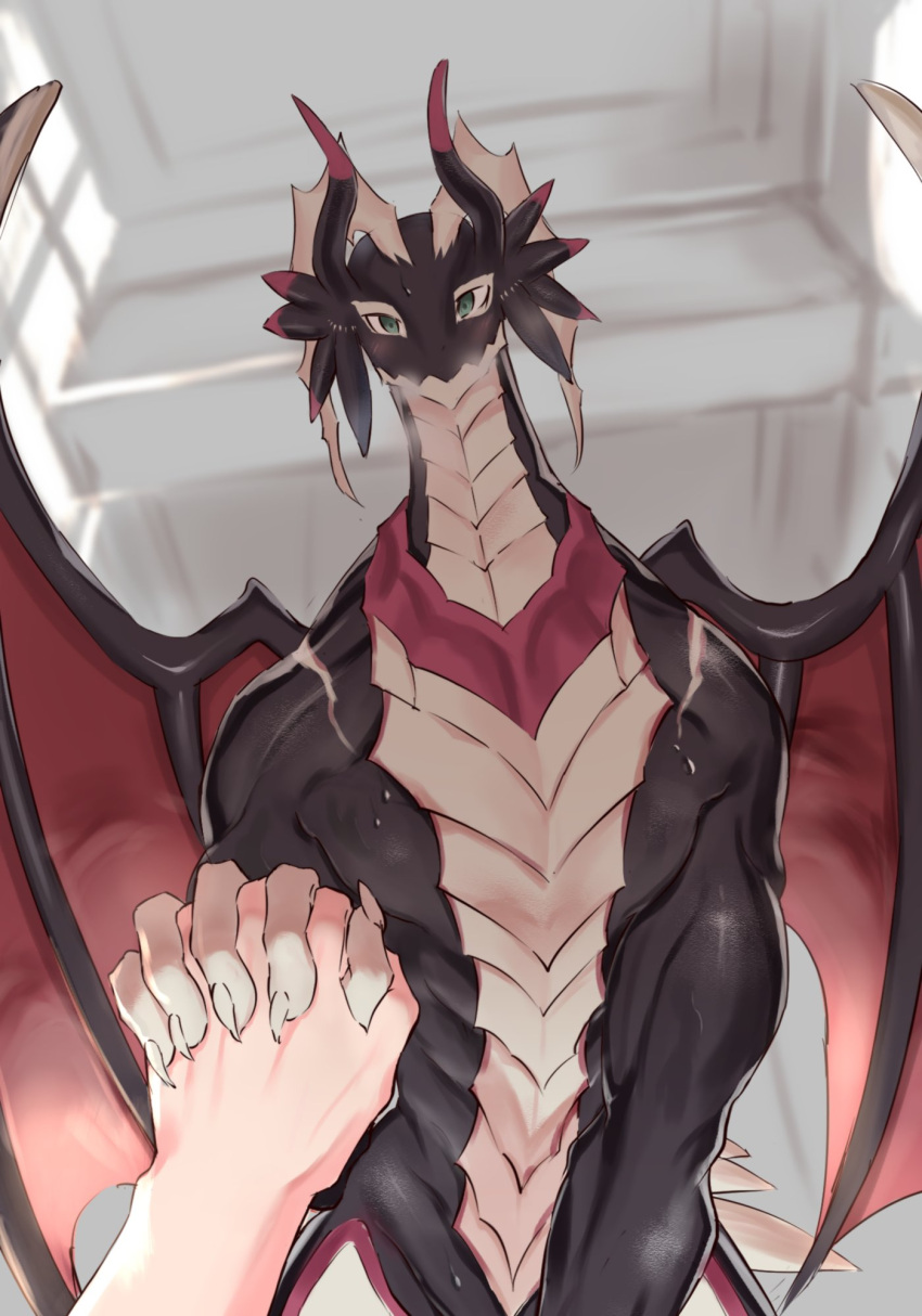 blush claws detailed_background disembodied_hand dragon dragonmaid_strahl duel_monster female hand_holding hi_res horn humanoid_hands interlocked_fingers kemono konami looking_at_viewer low-angle_view membrane_(anatomy) membranous_wings muscular muscular_female passionpit777 smile solo wings yu-gi-oh