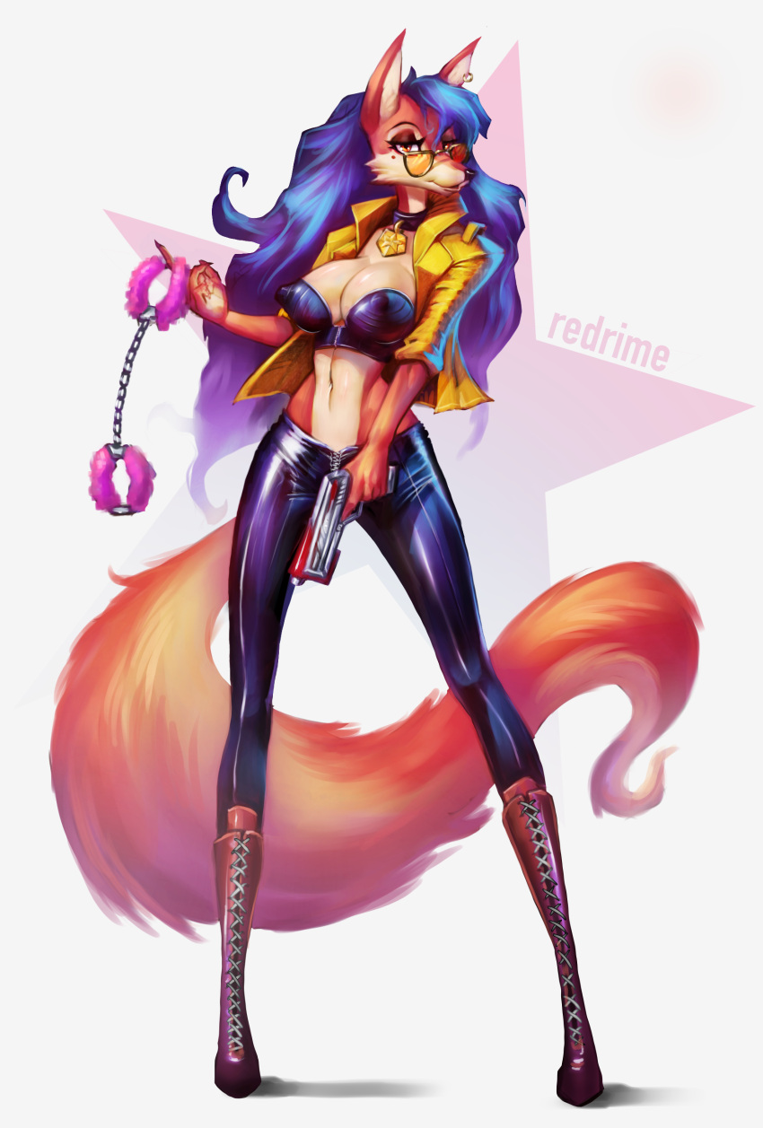 absurd_res anthro big_breasts boots breasts canid canine carmelita_fox cleavage clothed clothing collar eyewear female footwear fox glasses gun hi_res holding_gun holding_object holding_weapon latex_clothing long_legs looking_at_viewer mammal ranged_weapon redrime sly_cooper_(series) small_waist solo sony_corporation sony_interactive_entertainment sucker_punch_productions video_games weapon zipper