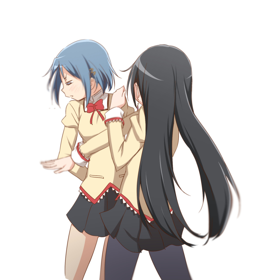 2girls abutomato akemi_homura black_hair black_legwear blue_hair bow bowtie closed_eyes cropped_legs earrings from_behind hair_ornament hairpin highres jewelry long_hair long_sleeves mahou_shoujo_madoka_magica meme miki_sayaka mitakihara_school_uniform multiple_girls pantyhose red_bow red_bowtie school_uniform short_hair simple_background slapping white_background will_smith_slapping_chris_rock_(meme)