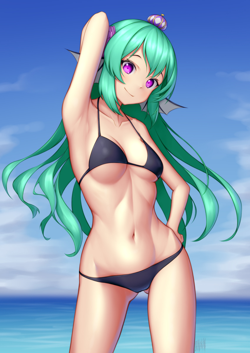 1girl arm_up armpits bikini black_bikini breasts crown finana_ryugu flower green_hair hair_flower hair_ornament head_fins highres lazulight long_hair looking_at_viewer mermaid mini_crown monster_girl navel nijisanji nijisanji_en nitrus presenting_armpit purple_eyes purple_flower standing swimsuit virtual_youtuber