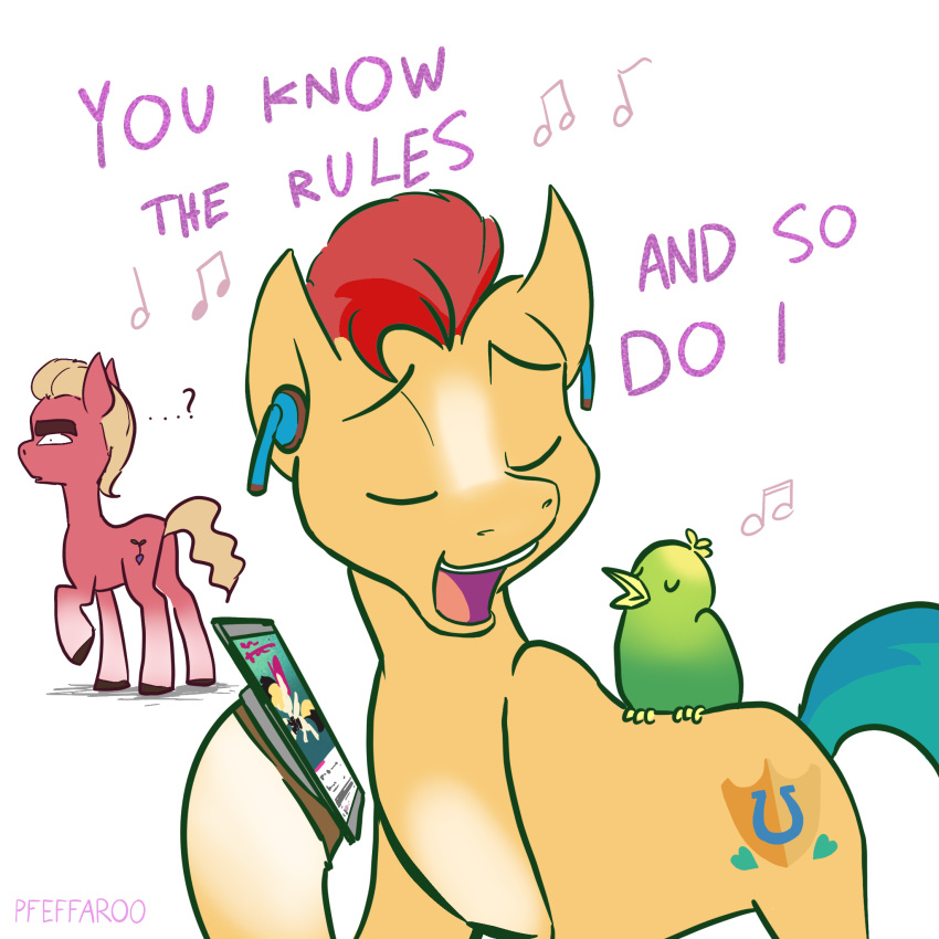 1:1 avian bird blonde_hair cellphone cutie_mark earbuds friendship_is_magic hair hasbro headphones hi_res hitch_trailblazer_(mlp) mlp_g5 musical_note my_little_pony my_little_pony:_the_movie_(2017) pfeffaroo phone red_hair rick_rolled simple_background singing smartphone songbird_serenade_(mlp) sprout_cloverleaf_(mlp) white_background