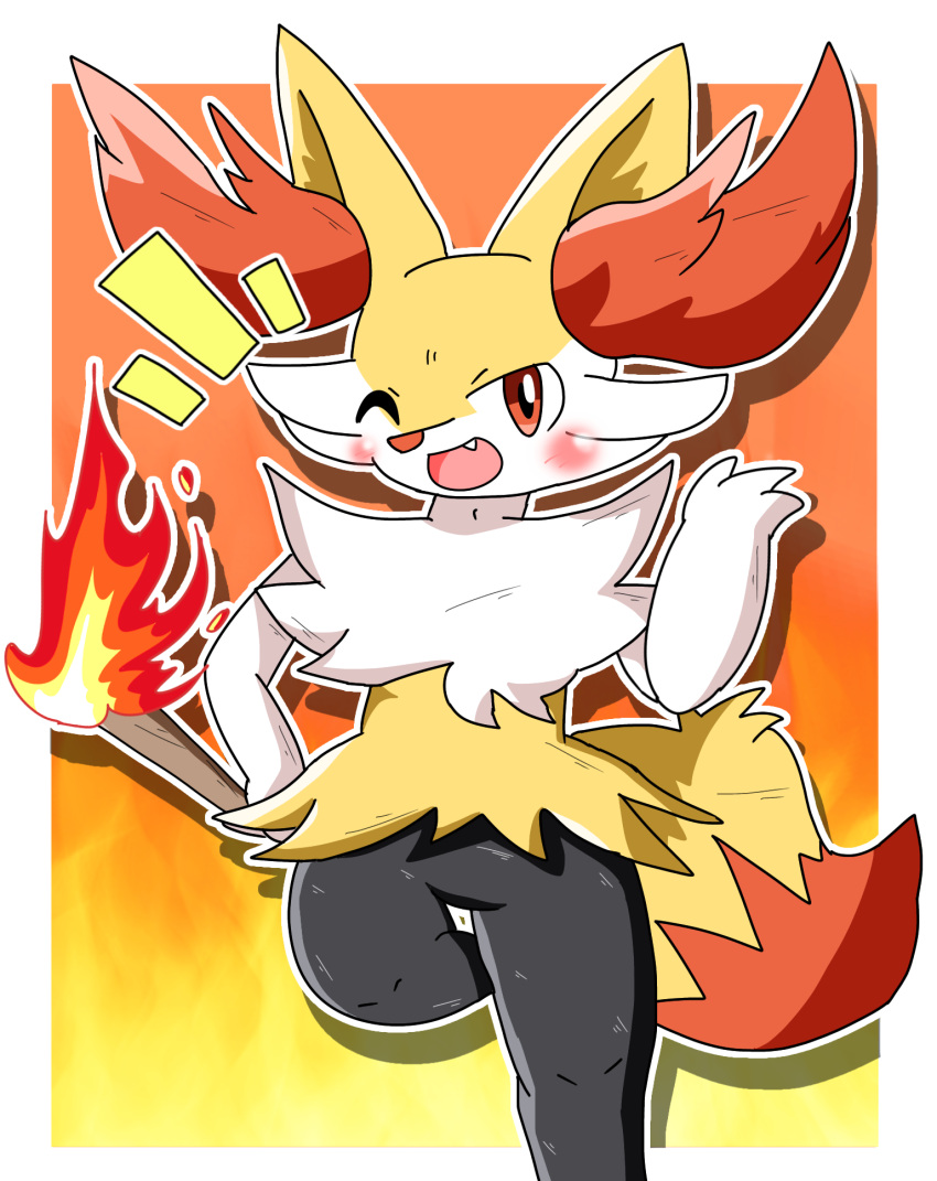 anthro black_body black_fur braixen fire fur hi_res inner_ear_fluff looking_at_viewer nintendo one_eye_closed open_mouth pok&eacute;mon pok&eacute;mon_(species) red_eyes sabatsu solo stick tuft video_games white_body white_fur yellow_body yellow_fur