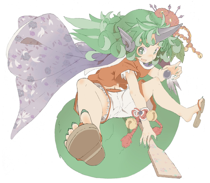 1girl aqua_hair bell buttons cloud_print collared_shirt commentary_request curly_hair floral_print flower full_body geta green_eyes green_nails guwinomi haori heart highres horns japanese_clothes jingle_bell kariyushi_shirt komainu komainu_ears komano_aunn long_hair nail_polish red_shirt sandals shirt short_sleeves shorts single_horn touhou white_shorts