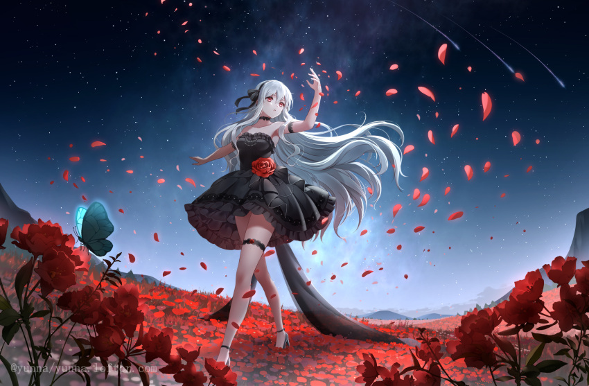 1girl alternate_costume arm_strap arm_up bangs black_choker black_dress black_hairband black_ribbon blue_butterfly bug butterfly choker cloud comet commentary_request dress falling_petals field flower flower_field flower_ornament full_body hair_ribbon hairband high_heels highres kagerou_project kozakura_marry long_hair milky_way mountainous_horizon night night_sky nine_(pixiv2571715) petals red_eyes red_flower red_rose ribbon rose sidelocks sky solo star_(sky) strapless strapless_dress very_long_hair walking white_hair