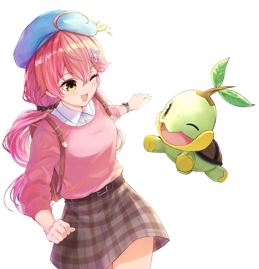 1girl absurdres ahoge backlighting backpack bag beret blue_headwear breasts brown_skirt cosplay dawn_(pokemon) dawn_(pokemon)_(cosplay) green_eyes hair_ornament hairclip hat highres hololive long_hair low_twintails medium_breasts miniskirt one_eye_closed open_mouth pink_hair plaid plaid_skirt pokemon pokemon_(creature) pokemon_(game) pokemon_bdsp sakura_miko skirt smile sweatshirt turtwig twintails virtual_youtuber yuu201023