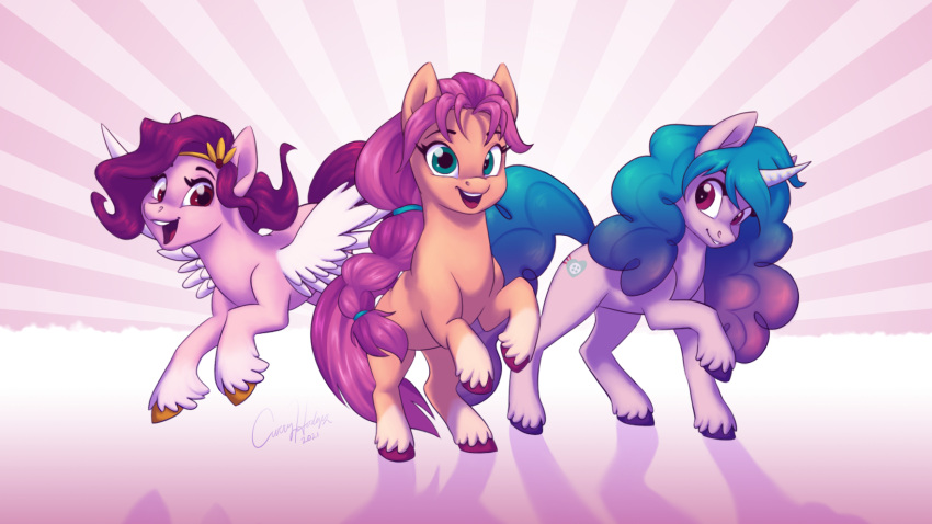 accessory blue_hair blue_tail bluefeathercat cutie_mark earth_pony equid equine feathered_wings feathers female feral group hair hair_accessory hasbro hi_res hooves horn horse izzy_moonbow_(mlp) looking_at_viewer mammal mlp_g5 my_little_pony open_mouth orange_body pegasus pink_body pipp_petals_(mlp) pony purple_body purple_hair purple_tail smile sunny_starscout_(mlp) trio unicorn wings