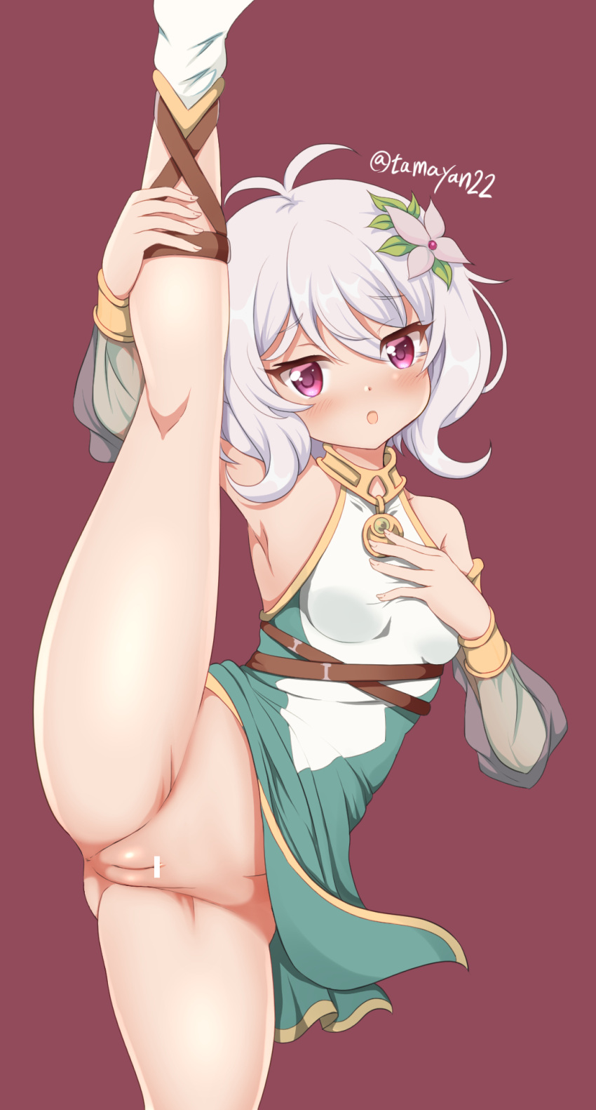 1girl :o antenna_hair arm_up armpits bangs bar_censor bare_shoulders blush breasts brown_background cameltoe censored detached_sleeves dress eyebrows_visible_through_hair flower green_sleeves grey_flower groin hair_between_eyes hair_flower hair_ornament highres kokkoro_(princess_connect!) leg_up long_sleeves looking_at_viewer no_panties parted_lips princess_connect! puffy_long_sleeves puffy_sleeves purple_eyes pussy see-through see-through_sleeves silver_hair simple_background sleeveless sleeveless_dress small_breasts solo split standing standing_on_one_leg standing_split tamayan twitter_username white_dress