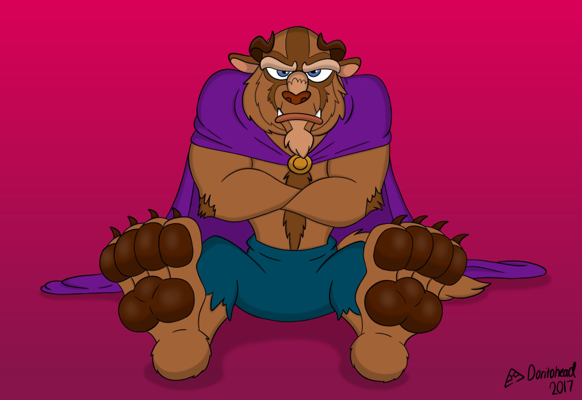 2017 absurd_res anthro artist_name beast_(disney) beauty_and_the_beast blue_eyes bottomwear brown_body brown_fur cape clothed clothing crossed_arms denim denim_clothing digital_media_(artwork) disney doritohead fangs feet foot_focus fur hi_res horn jeans magenta_background male monster pants signature simple_background sitting solo teeth toes topless topless_male