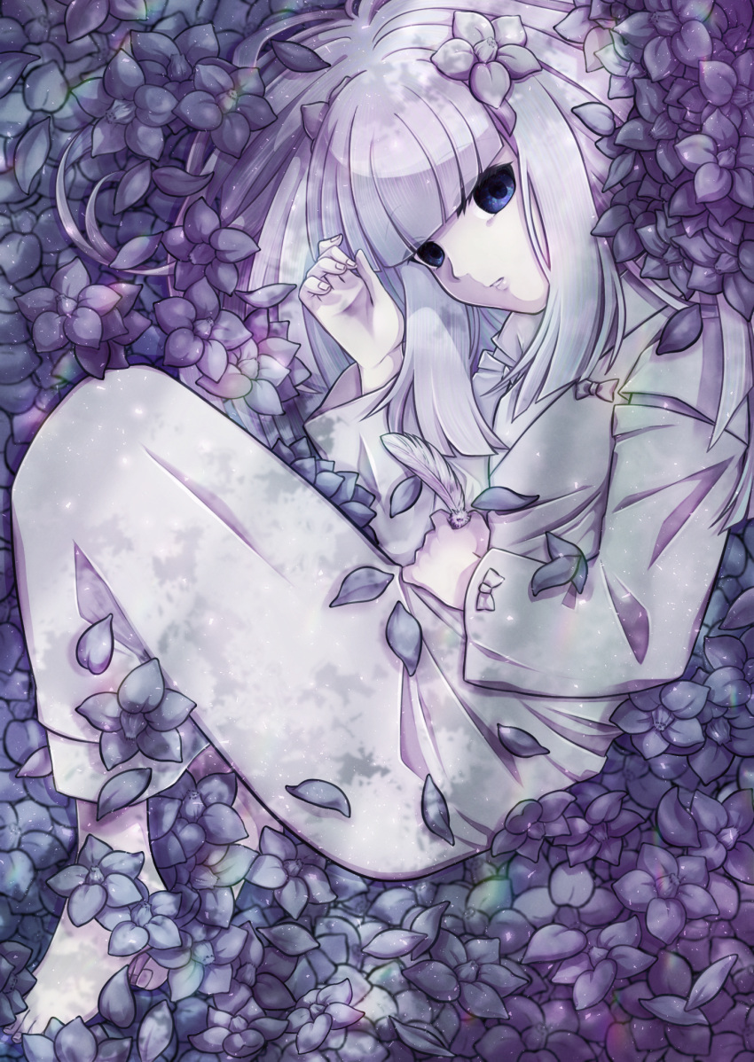 1girl bangs barefoot blue_eyes blunt_bangs bow colored_skin feathers flower full_body hair_flower hair_ornament highres holding holding_feather inuyasha japanese_clothes kanna_(inuyasha) kimono long_hair long_sleeves looking_at_viewer mrmp2g pale_skin parted_lips petals solo white_bow white_hair white_kimono white_skin