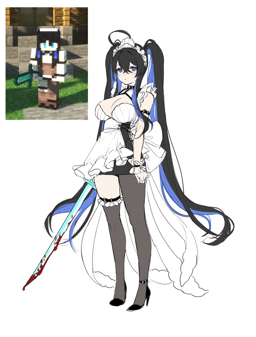 1girl absurdres ahoge arm_strap bare_shoulders black_collar black_legwear blood blood_on_weapon blue_eyes blue_hair blush closed_mouth collar diamond_sword eyebrows_visible_through_hair frilled_legwear frills grey_background hair_between_eyes high_heels highres holding holding_sword holding_weapon long_hair looking_at_viewer maid_headdress minecraft multicolored_hair original photo-referenced simple_background single_bare_shoulder single_thighhigh sketch solo sword tacco_(tikeworld) thighhighs twintails very_long_hair weapon