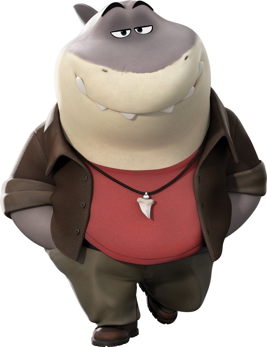 absurd_res anthro biped bottomwear clothing dreamworks fish grey_body hi_res male marine mr._shark_(the_bad_guys) official_art overweight overweight_male pants scar shark shirt solo the_bad_guys topwear unknown_artist